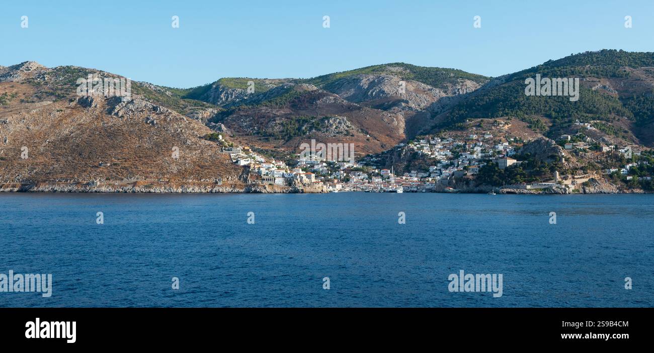Vista panoramica della città di Idra, delle isole Saroniche, della Grecia. Foto Stock