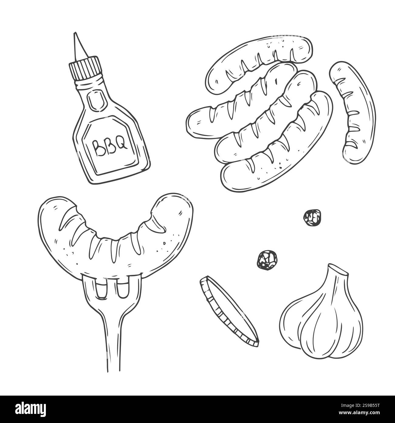 Set di icone per scarabocchi disegnate a mano con salsiccia alla griglia. Illustrazione vettoriale di Sausage per stampa, Web, dispositivi mobili e infografiche isolate su white ba Illustrazione Vettoriale