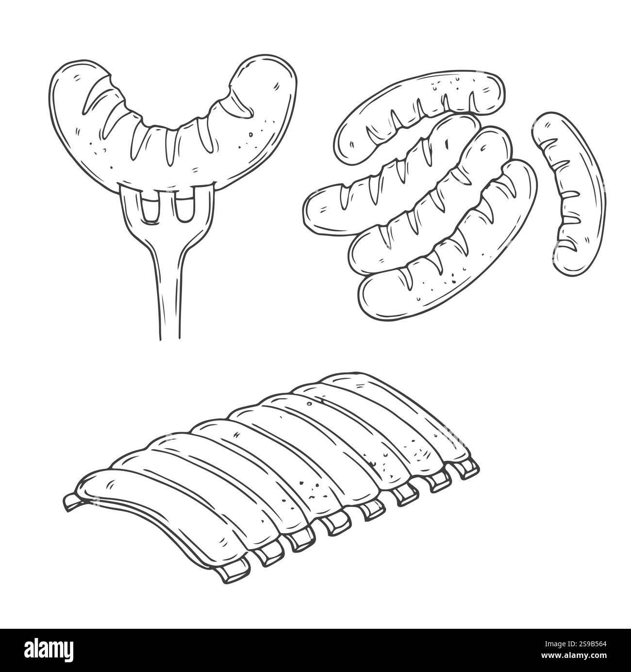 Set di icone per scarabocchi disegnate a mano con salsiccia alla griglia. Illustrazione vettoriale di Sausage per stampa, Web, dispositivi mobili e infografiche isolate su white ba Illustrazione Vettoriale