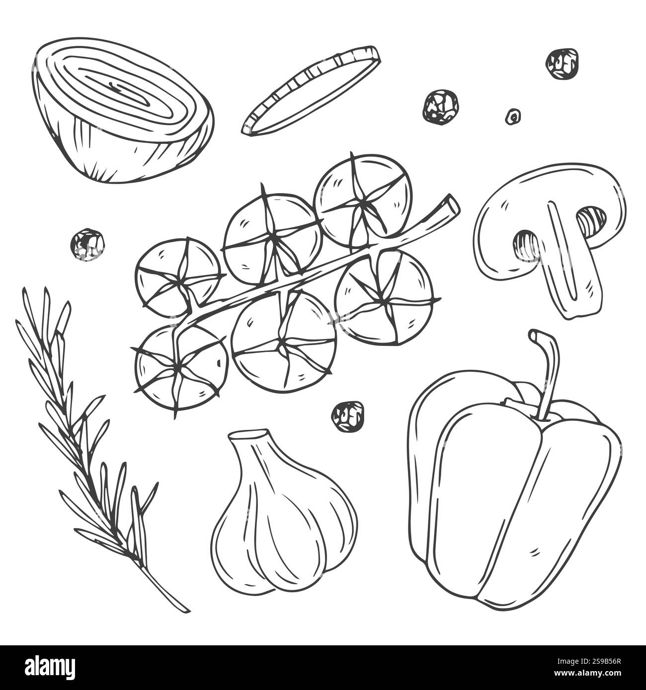 Set di icone vettoriali contorno verdure. Carciofo monocromatico, porro, erbe aromatiche, mais, aglio, cetriolo, pepe, cipolla, sedano, asparagi, cavolo e. Illustrazione Vettoriale