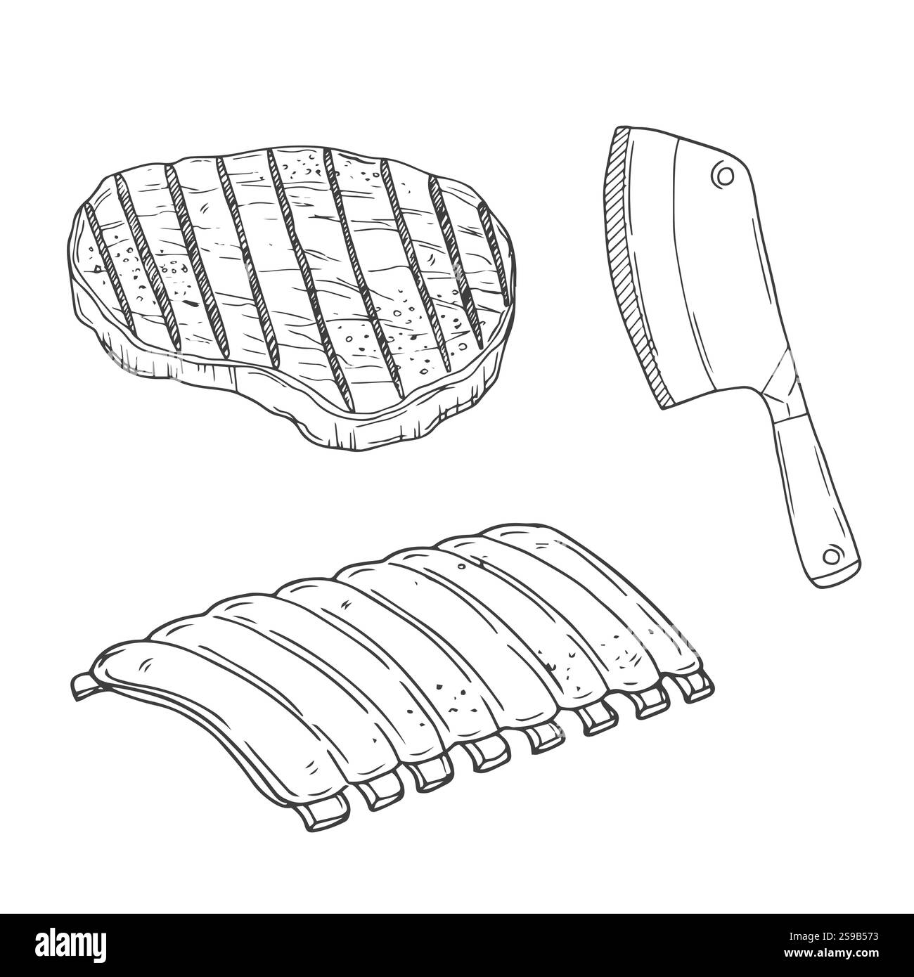 Set di spaghetti disegnati a mano per barbecue. BBQ Vector Illustration Barbecue party Sketch. Utensili da barbeque carbone legna da ardere e prodotti Illustrazione Vettoriale