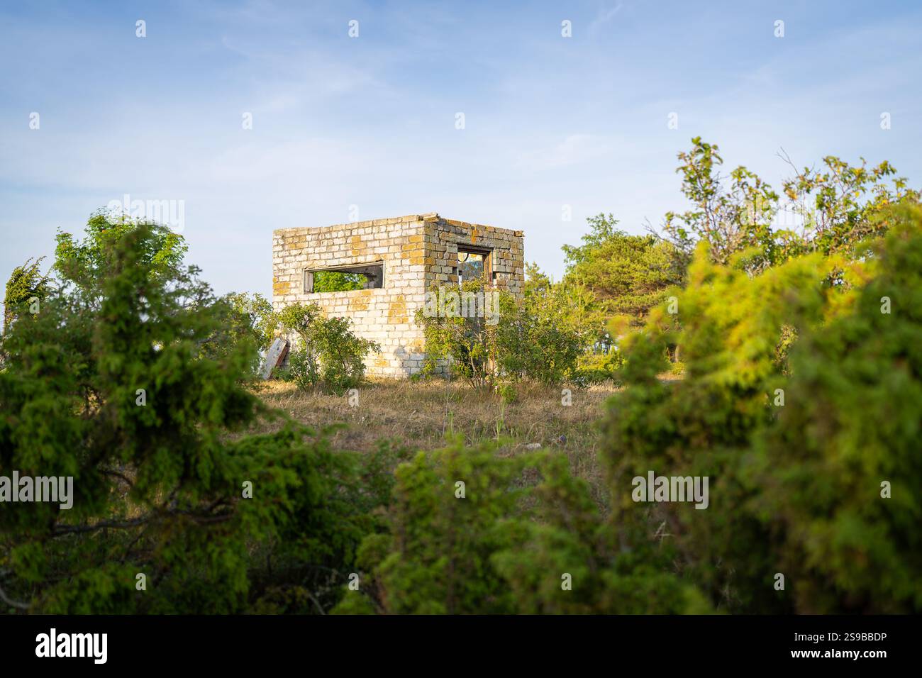 Ex posto di osservazione della Guardia di frontiera sovietica. Edificio che era un posto di guardia di frontiera durante l'occupazione sovietica in Estonia, circondato dalla natura. Foto Stock