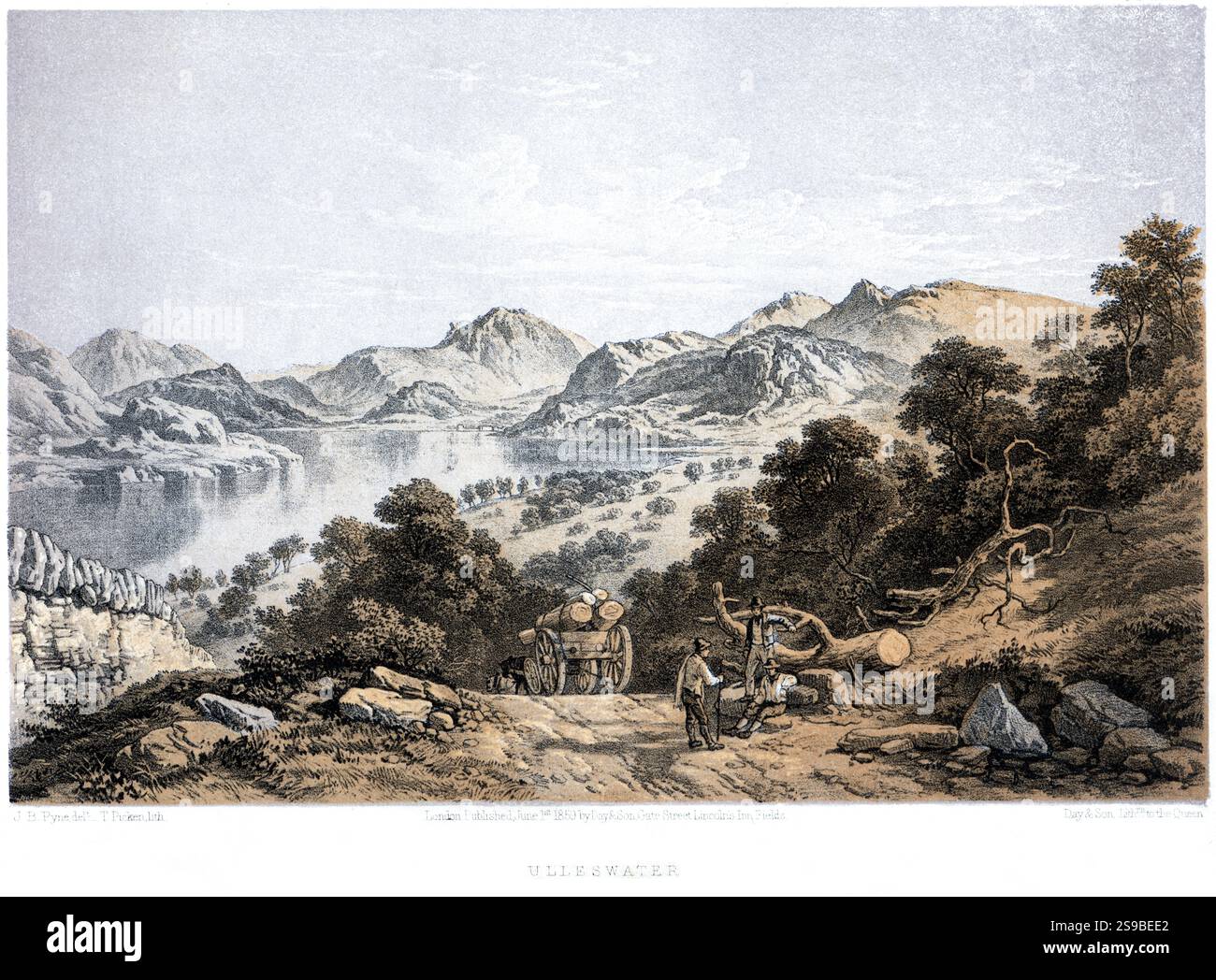 Una litografia colorata di Ullswater da Gowbarrow Park scansionata ad alta risoluzione da un libro pubblicato nel 1859. Ritenuto privo di copyright. Foto Stock