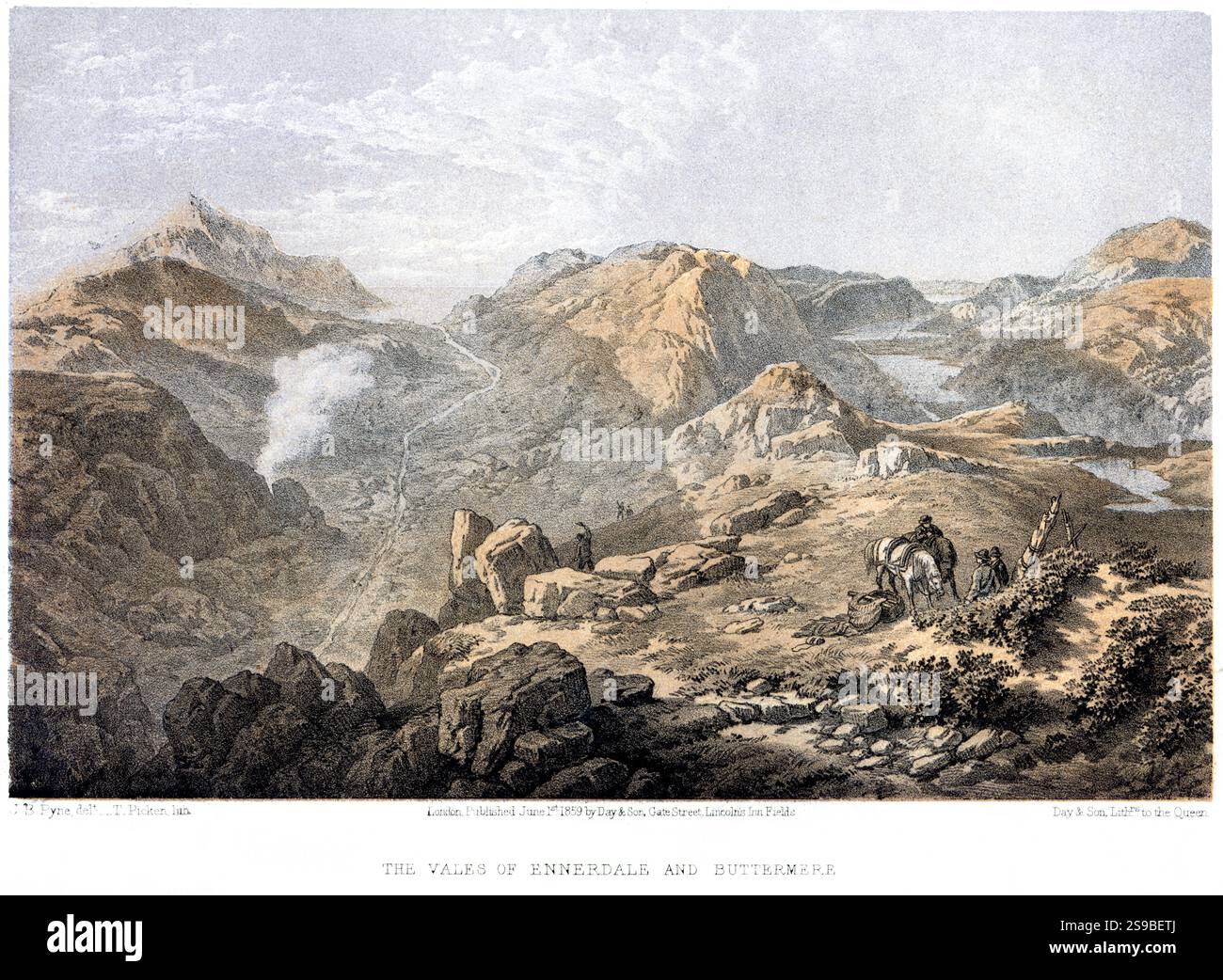 Una litografia colorata dei Vales of Ennerdale e Buttermere scansionata ad alta risoluzione da un libro pubblicato nel 1859. Foto Stock