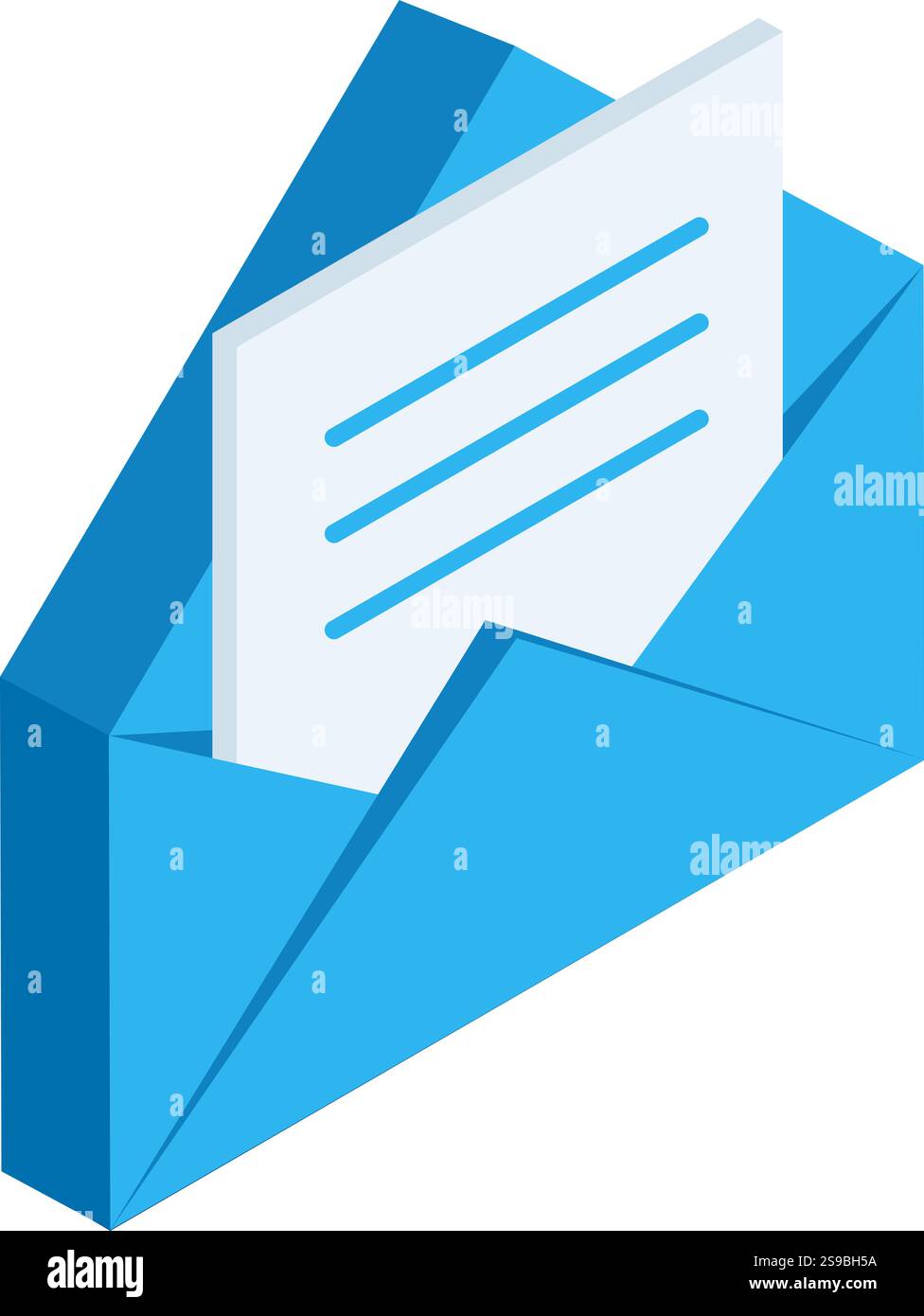 Busta blu aperta contenente una lettera con una scritta, resa in proiezione isometrica, che rappresenta la comunicazione, la messaggistica e la posta Illustrazione Vettoriale Busta blu aperta contenente una lettera con una scritta, resa in proiezione isometrica, che rappresenta la comunicazione, la messaggistica e la posta Illustrazione Vettoriale