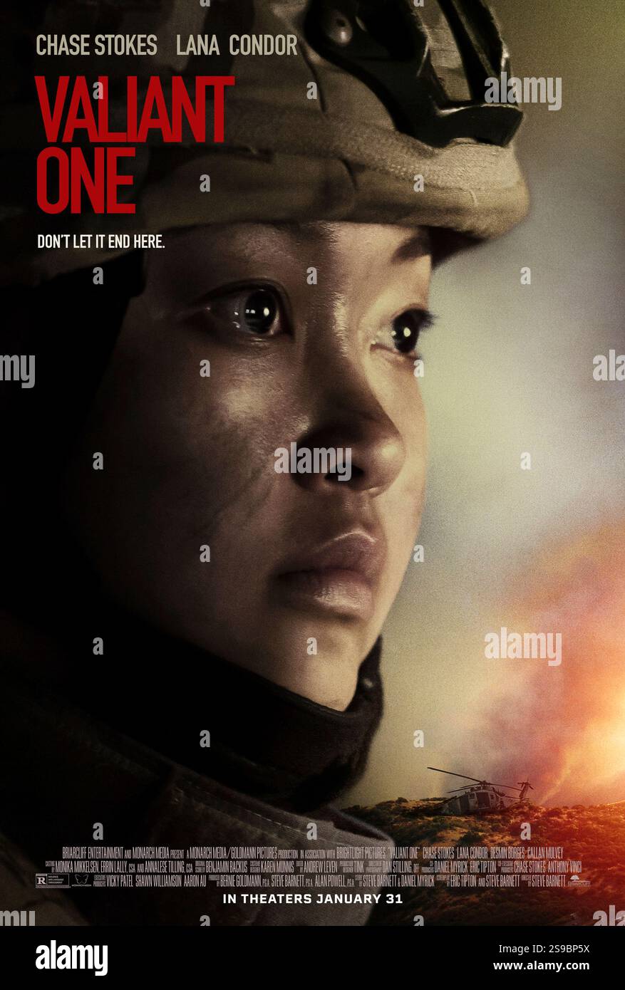 Valiant One (2025) diretto da Steve Barnett e interpretato da Lana Condor nel ruolo di Selby. A causa delle tensioni tra Corea del Nord e Corea del Sud, un elicottero americano si schianta sul lato nordcoreano, e i sopravvissuti devono collaborare per proteggere uno specialista tecnologico civile e trovare la via d'uscita senza il sostegno militare degli Stati Uniti. Poster di caratteri USA ***SOLO PER USO EDITORIALE***. Crediti: BFA / Briarcliff Entertainment Foto Stock