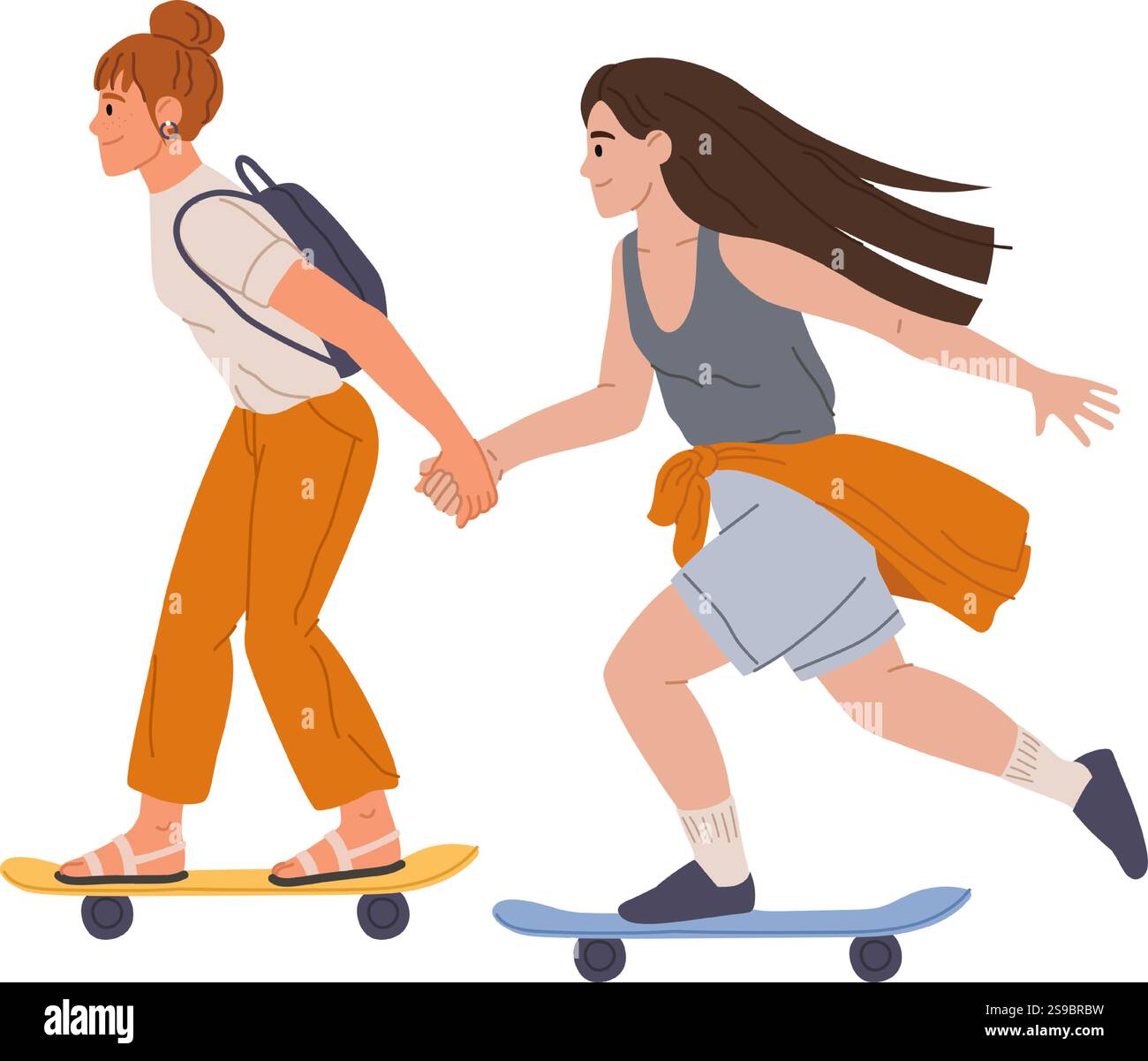 Due giovani donne, possibilmente studentesse o che si divertono a fare skateboard mentre si tengono per mano, mostrando la loro amicizia e il loro stile di vita attivo Illustrazione Vettoriale Due giovani donne, possibilmente studentesse o che si divertono a fare skateboard mentre si tengono per mano, mostrando la loro amicizia e il loro stile di vita attivo Illustrazione Vettoriale