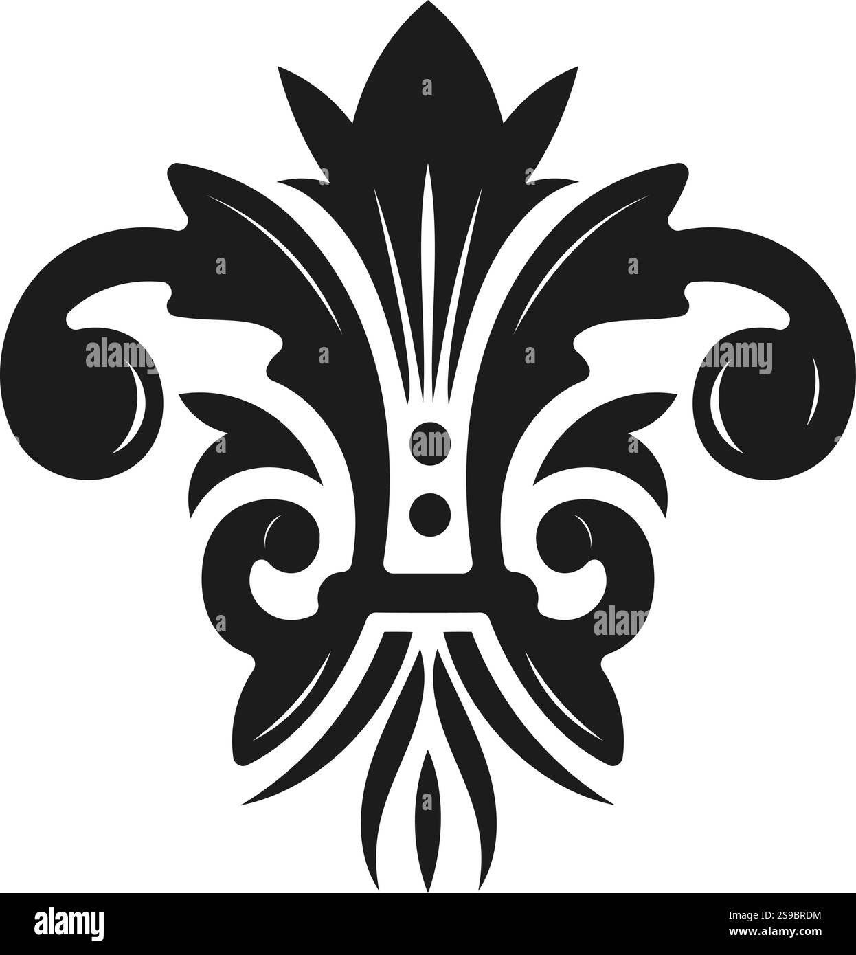 Elegante e intricata illustrazione vettoriale caratterizzata da una fleur de lis stilizzata con decorazioni ornamentali che incarnano la regalità francese e l'eleganza lussuosa Illustrazione Vettoriale