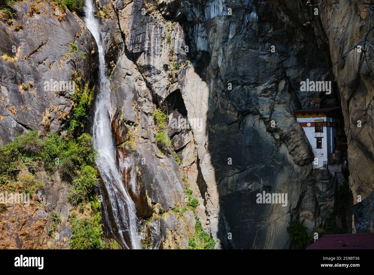 Singye Pelphu Lhakang o Grotta dei leoni delle nevi sembra crescere dalle scogliere verticali accanto a una splendida cascata. E' vicino al sentiero per Takstang (Tiger's Foto Stock