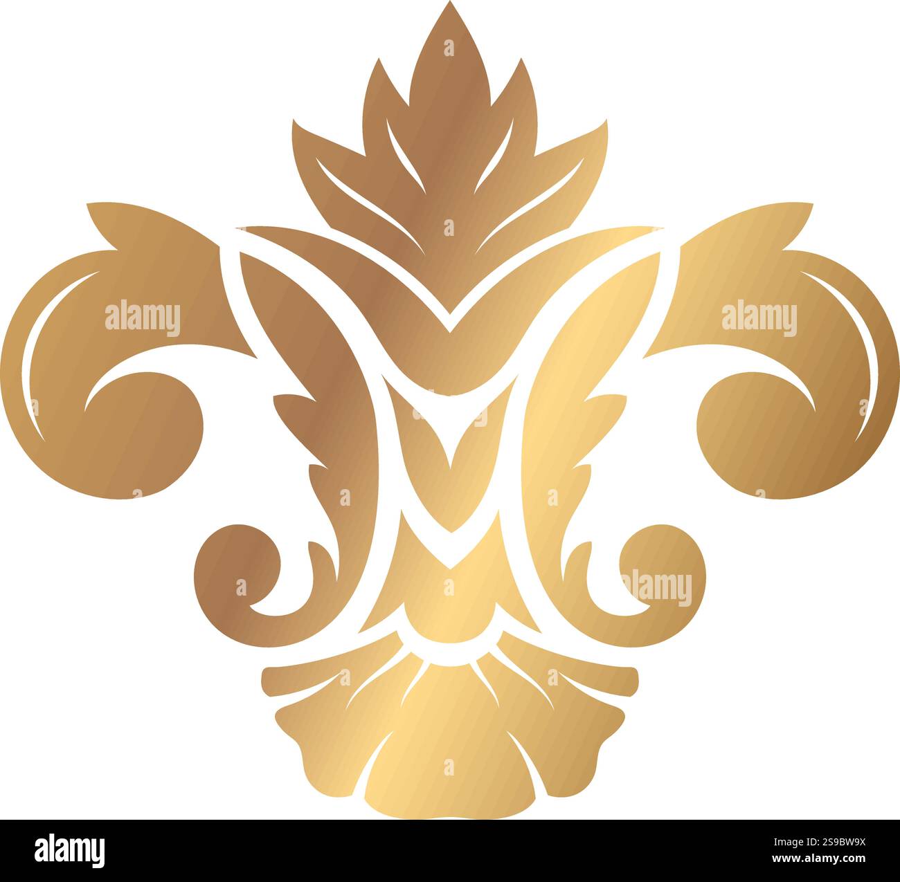 Lussuoso emblema dorato caratterizzato da un motivo floreale intricato con foglie vorticose e un design simmetrico centrale, perfetto per aggiungere un tocco di eleganza a qualsiasi progetto decorativo Illustrazione Vettoriale