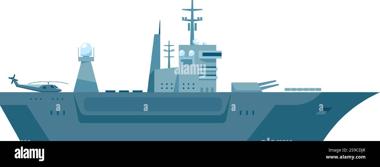 Illustrazione di una moderna nave da guerra con un elicottero sul ponte, sistemi radar avanzati e artiglieria. L'imbarcazione presenta un design elegante e tecnologia militare Illustrazione Vettoriale Illustrazione di una moderna nave da guerra con un elicottero sul ponte, sistemi radar avanzati e artiglieria. L'imbarcazione presenta un design elegante e tecnologia militare Illustrazione Vettoriale