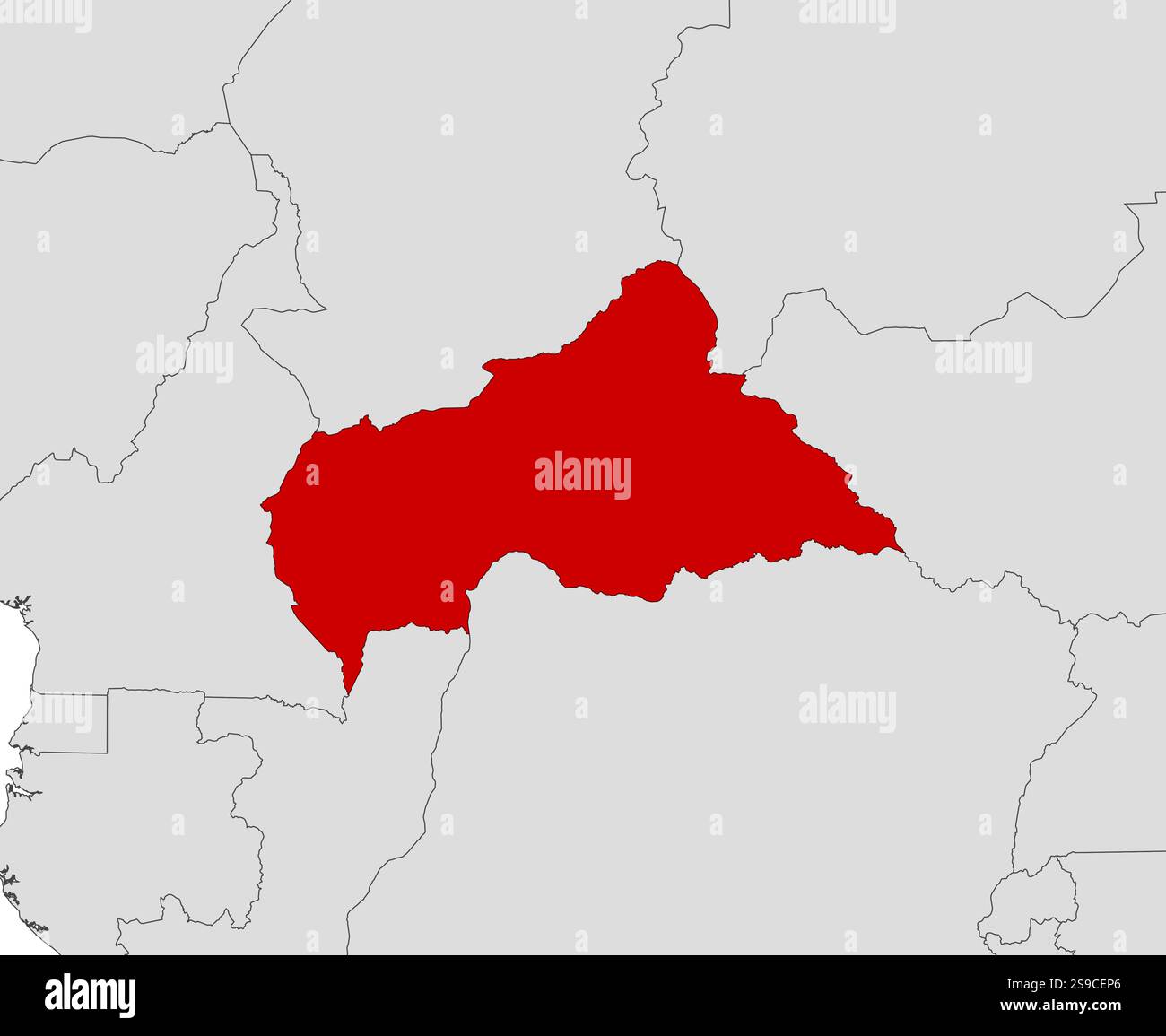 Mappa della Repubblica Centrafricana e dei paesi vicini, Repubblica Centrafricana è evidenziata in rosso. Illustrazione Vettoriale