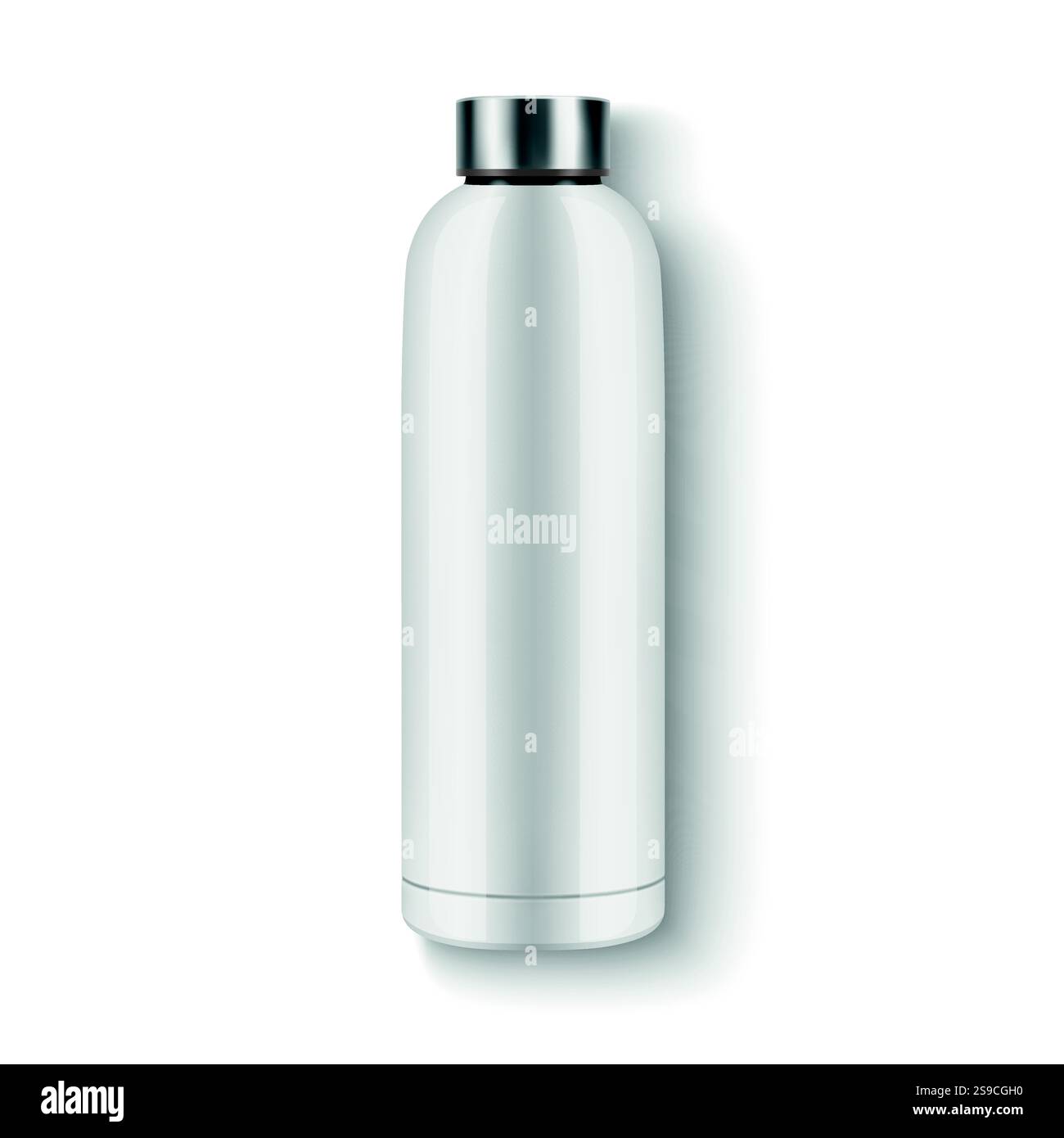 Bottiglia d'acqua riutilizzabile lucida vuota 3D realistica vettoriale con chiusura in acciaio isolata. Modello di progettazione del packaging. Vista frontale Illustrazione Vettoriale