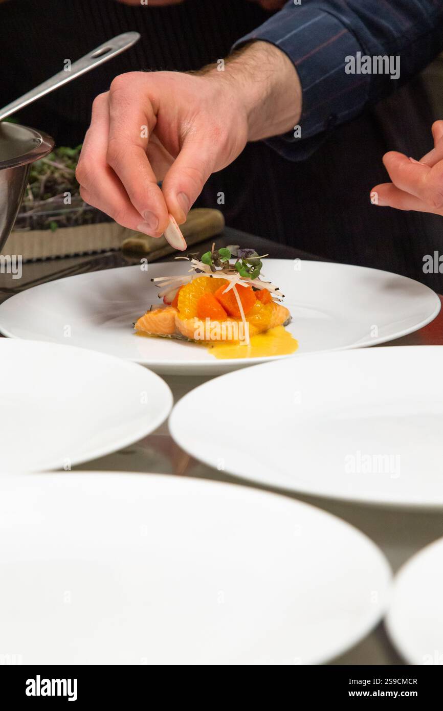 Chef che guardano un piatto in un ambiente professionale da cucina, Fog Lark Foto Stock