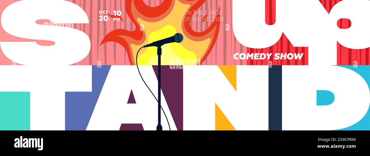 Audace striscione orizzontale comico con elementi geometrici, con microfono, palco e fuoco. Ideale per promuovere serate open mic, spettacoli comici ed eventi di intrattenimento. Illustrazione Vettoriale