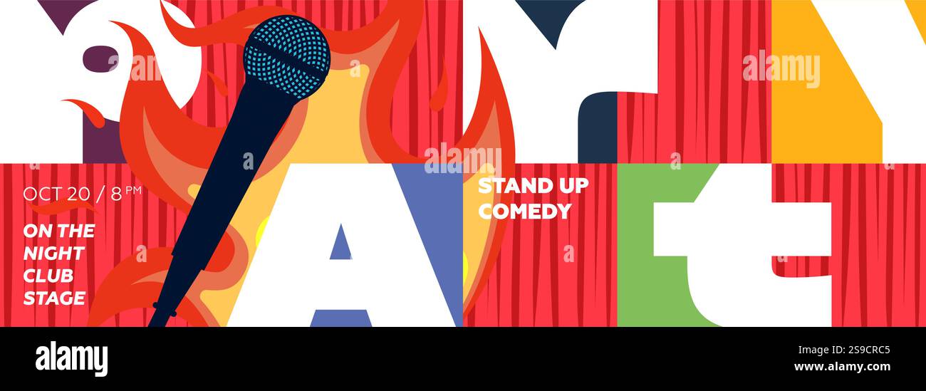 Audace striscione da festa con elementi geometrici, con microfono, tenda da palcoscenico e fuoco arrosto. Ideale per la pubblicità di spettacoli comici, serate open mic ed eventi di intrattenimento dal vivo. Illustrazione Vettoriale