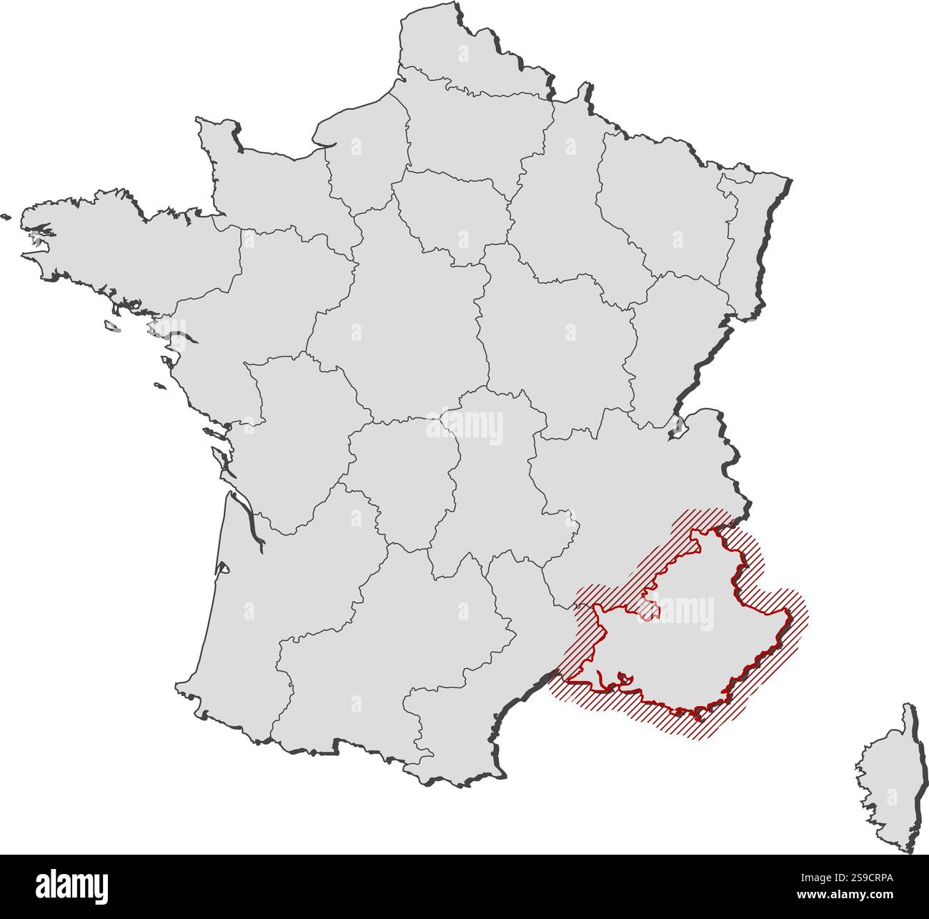 Mappa della Francia con le province, Provence-Alpes-Côte d'Azur è evidenziata da una schiusa. Illustrazione Vettoriale