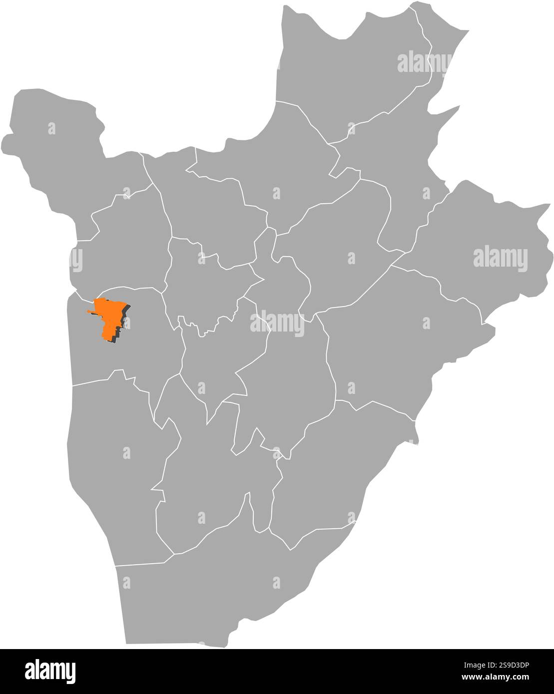 Mappa del Burundi con le province, Bujumbura Mairie è evidenziata dall'arancione. Illustrazione Vettoriale