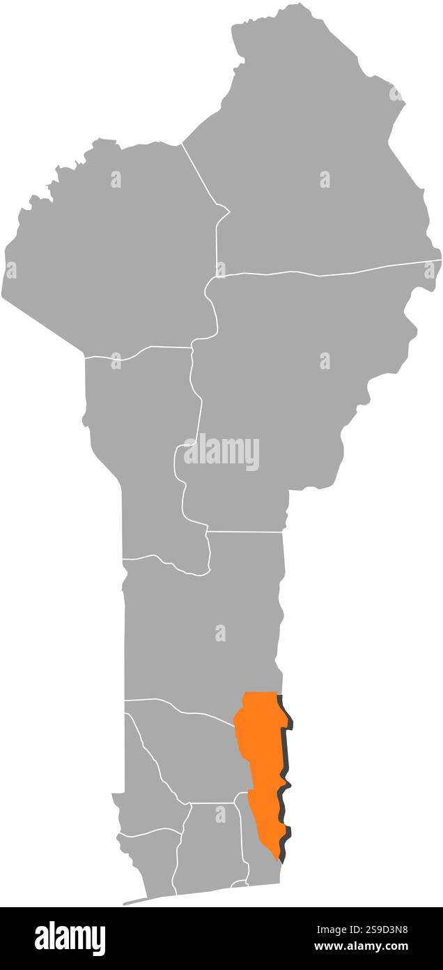 Mappa del Benin con le province, Plateau è evidenziato dall'arancione. Illustrazione Vettoriale