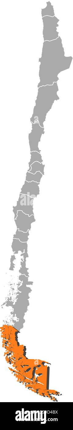 La mappa del Cile con le province, Magellano e Antartide cilena è evidenziata dall'arancione. Illustrazione Vettoriale