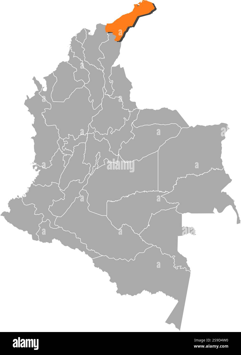 Mappa della Colombia con le province, la Guajira è evidenziata dall'arancione. Illustrazione Vettoriale