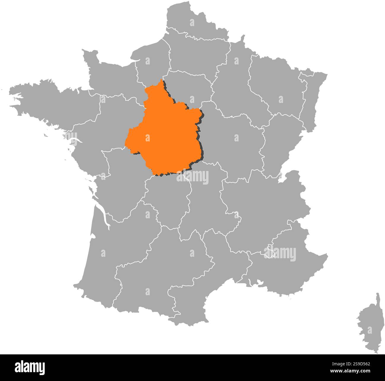 Mappa della Francia con le province, Centro è evidenziata da arancione. Illustrazione Vettoriale