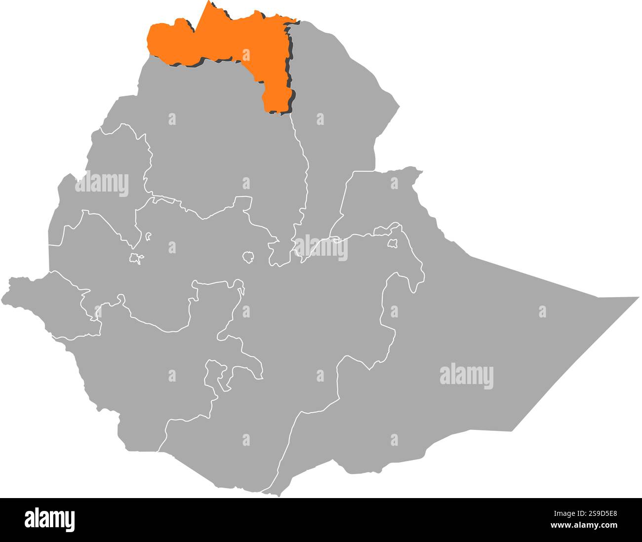 Mappa dell'Etiopia con le province, Tigray è evidenziato dall'arancione. Illustrazione Vettoriale