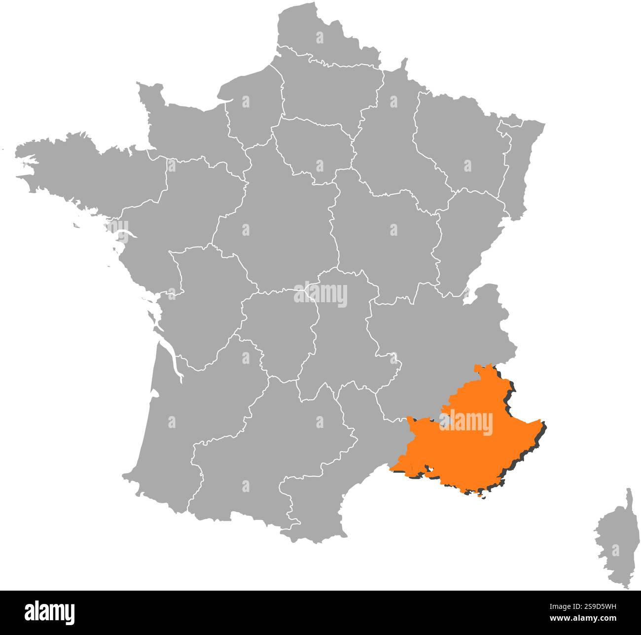 Mappa della Francia con le province, Provence-Alpes-Côte d'Azur è evidenziata dall'arancione. Illustrazione Vettoriale