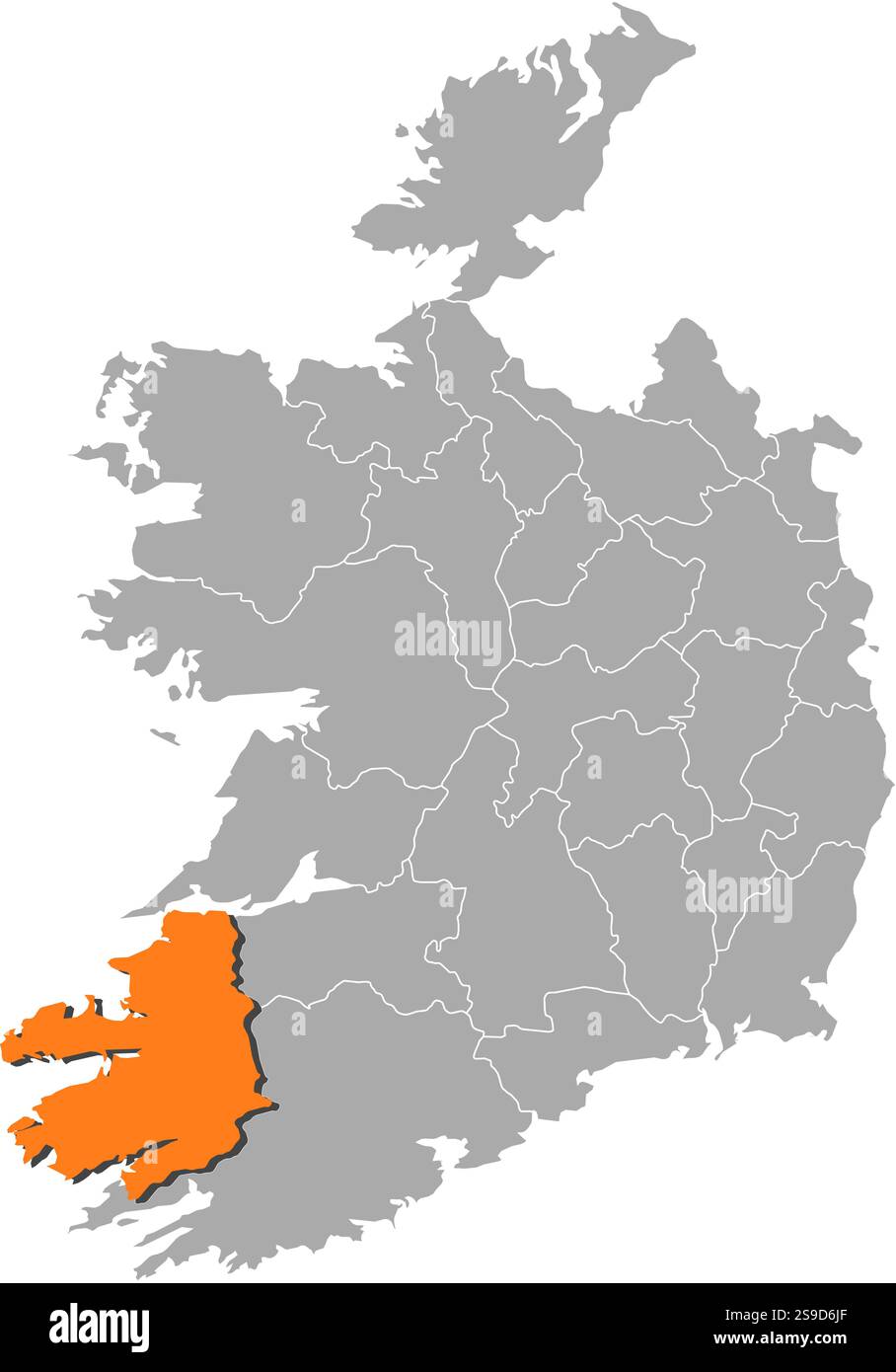 Mappa dell'Irlanda con le province, Kerry è evidenziata dall'arancione. Illustrazione Vettoriale