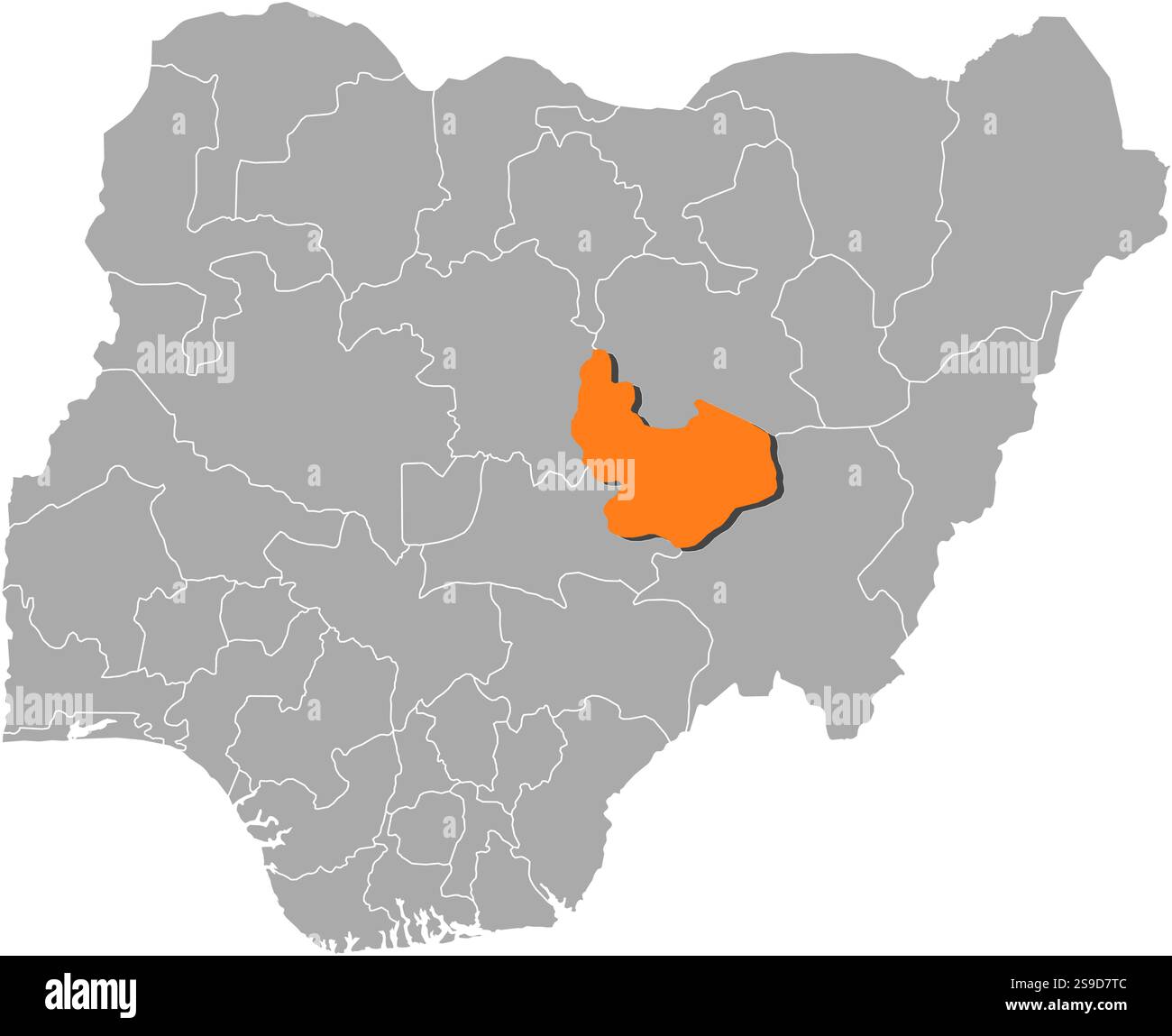 Mappa della Nigeria con le province, Plateau è evidenziato dall'arancione. Illustrazione Vettoriale