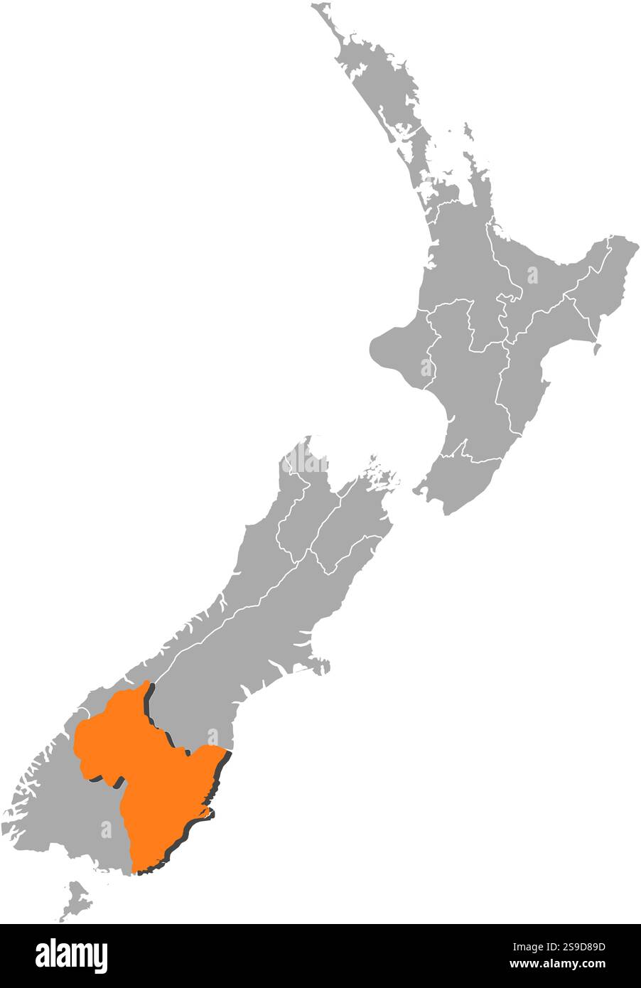 Mappa della nuova Zelanda con le province, Otago è evidenziato dall'arancione. Illustrazione Vettoriale