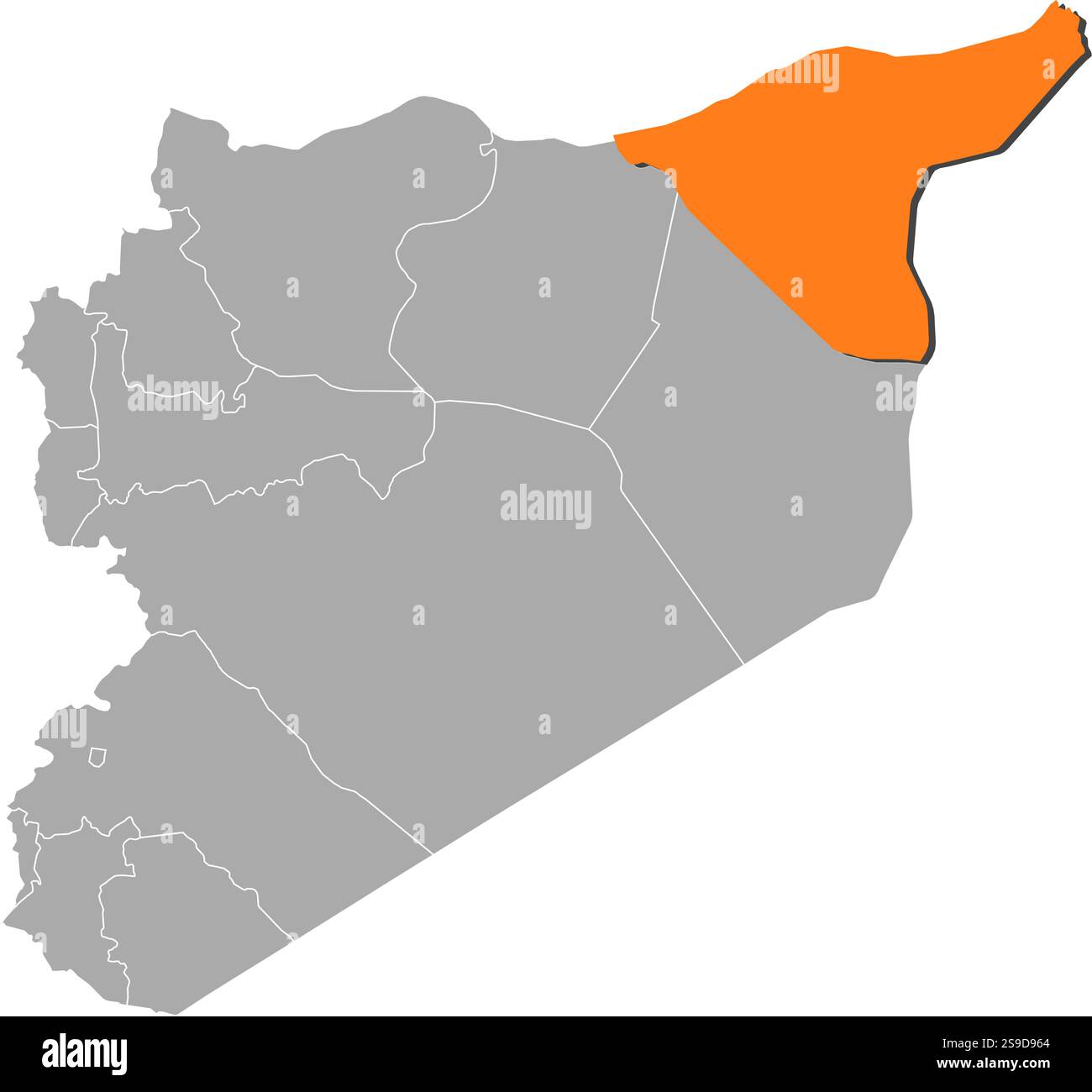 Mappa della Siria con le province, al-Hasakah è evidenziata dall'arancione. Illustrazione Vettoriale