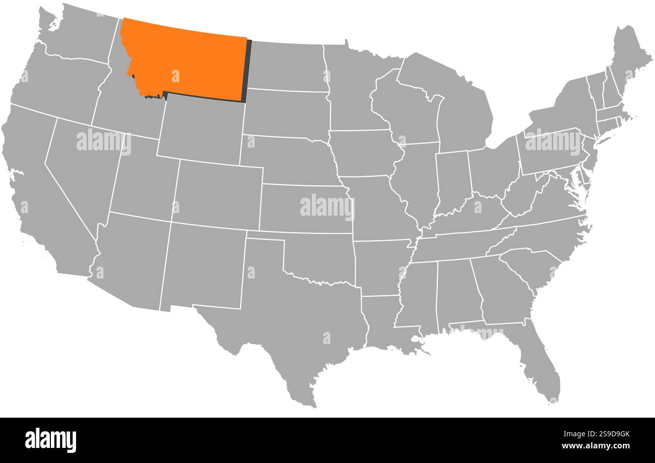 Mappa degli Stati Uniti con le province, Montana è evidenziata dall'arancione. Illustrazione Vettoriale