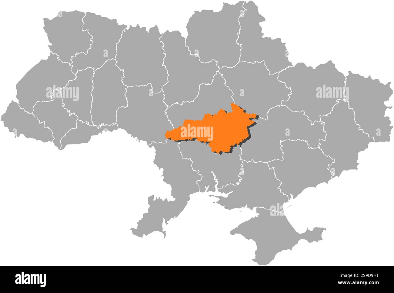 Mappa dell'Ucraina con le province, Kirovohrad è evidenziata dall'arancione. Illustrazione Vettoriale