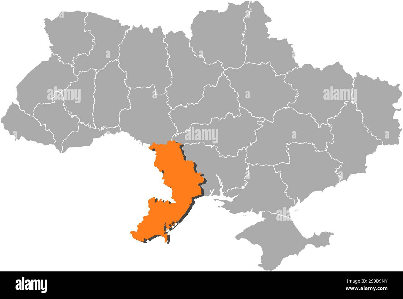 Mappa dell'Ucraina con le province, Odessa è evidenziata dall'arancione. Illustrazione Vettoriale