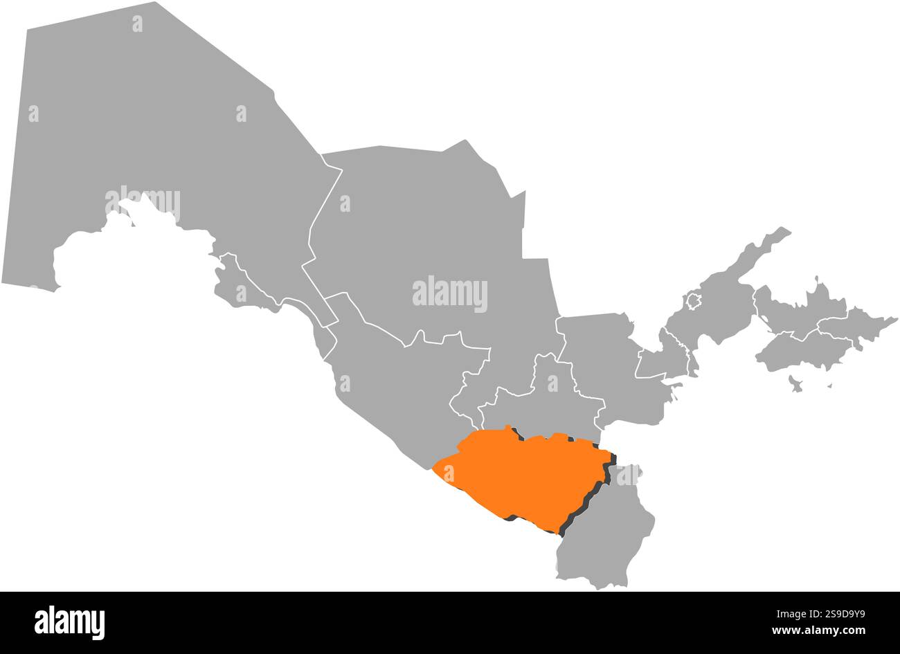 Mappa dell'Uzbekistan con le province, Qashqadaryo è evidenziata dall'arancione. Illustrazione Vettoriale