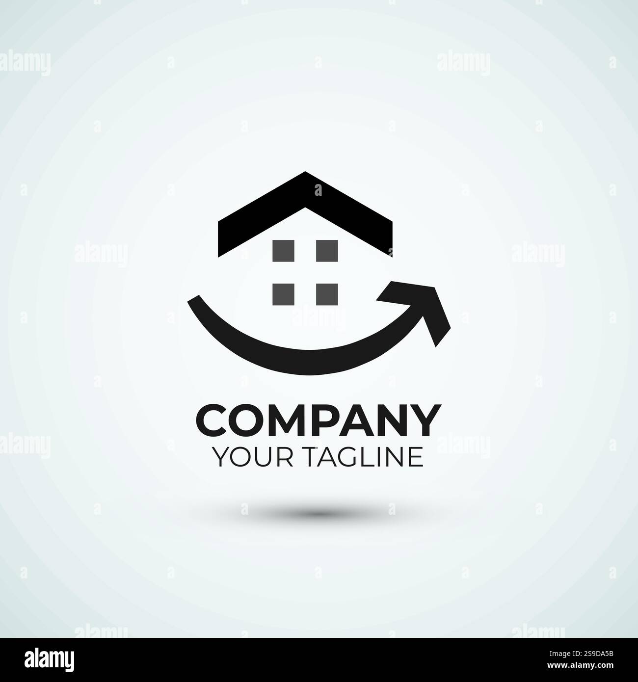 Modello di design della casa con freccia sorriso e del logo immobiliare Illustrazione Vettoriale