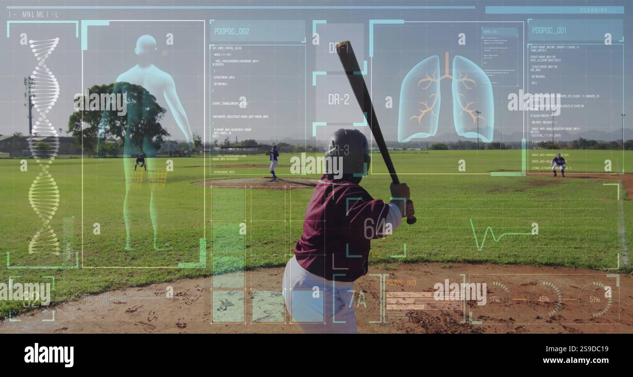 Giocatore di baseball che si prepara a pipipistrello con l'immagine dei dati sanitari sul campo Foto Stock
