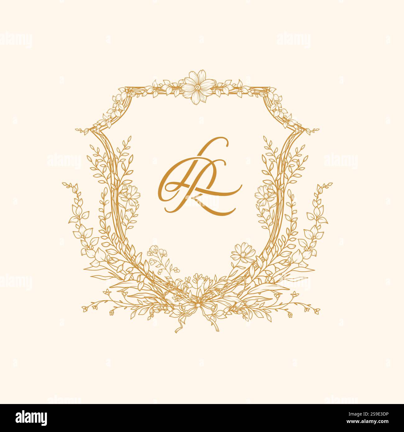 Un design elegante con fiori delicati che cattura l'amore senza tempo di R and L. squisita cresta nuziale con R e L iniziali Illustrazione Vettoriale