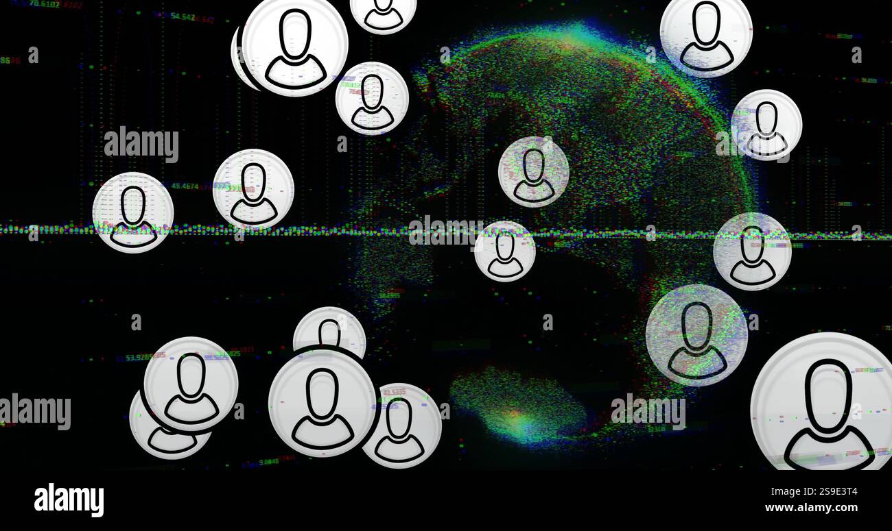 Immagine delle icone utente sul globo digitale e visualizzazione dei dati Foto Stock