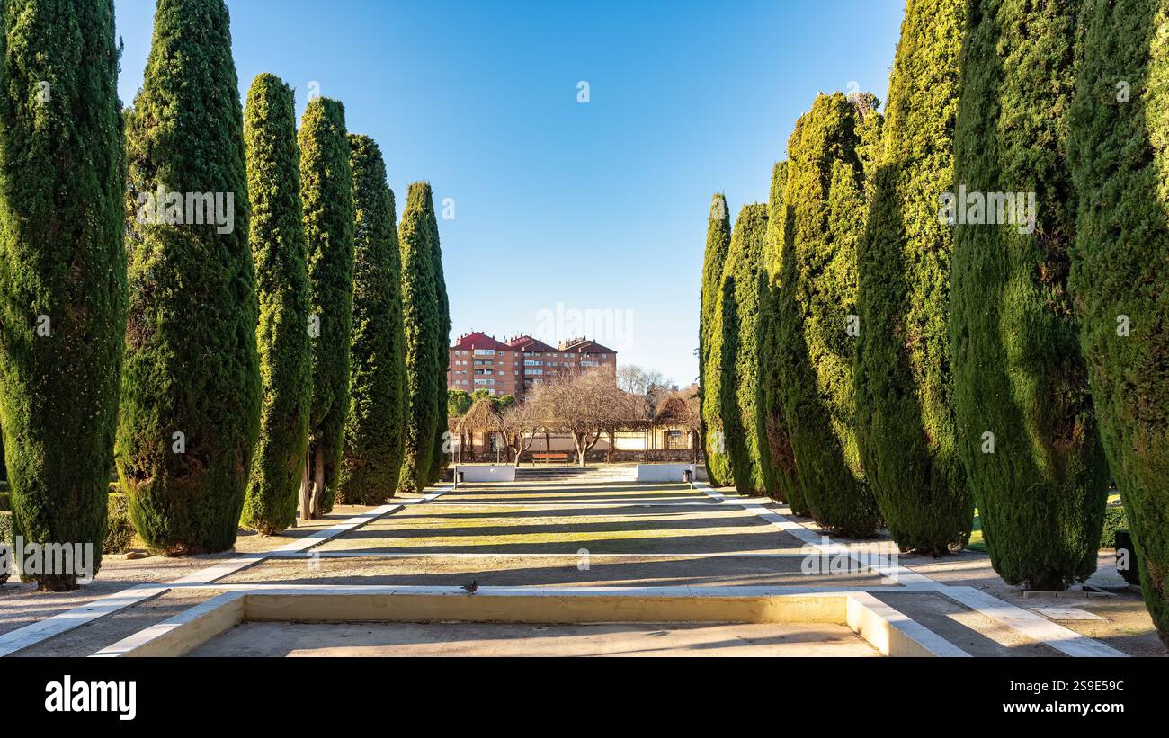 Giardini di cipresso vicino al Palazzo Infantado nell'area monumentale di Guadalajara, Spagna. Foto Stock