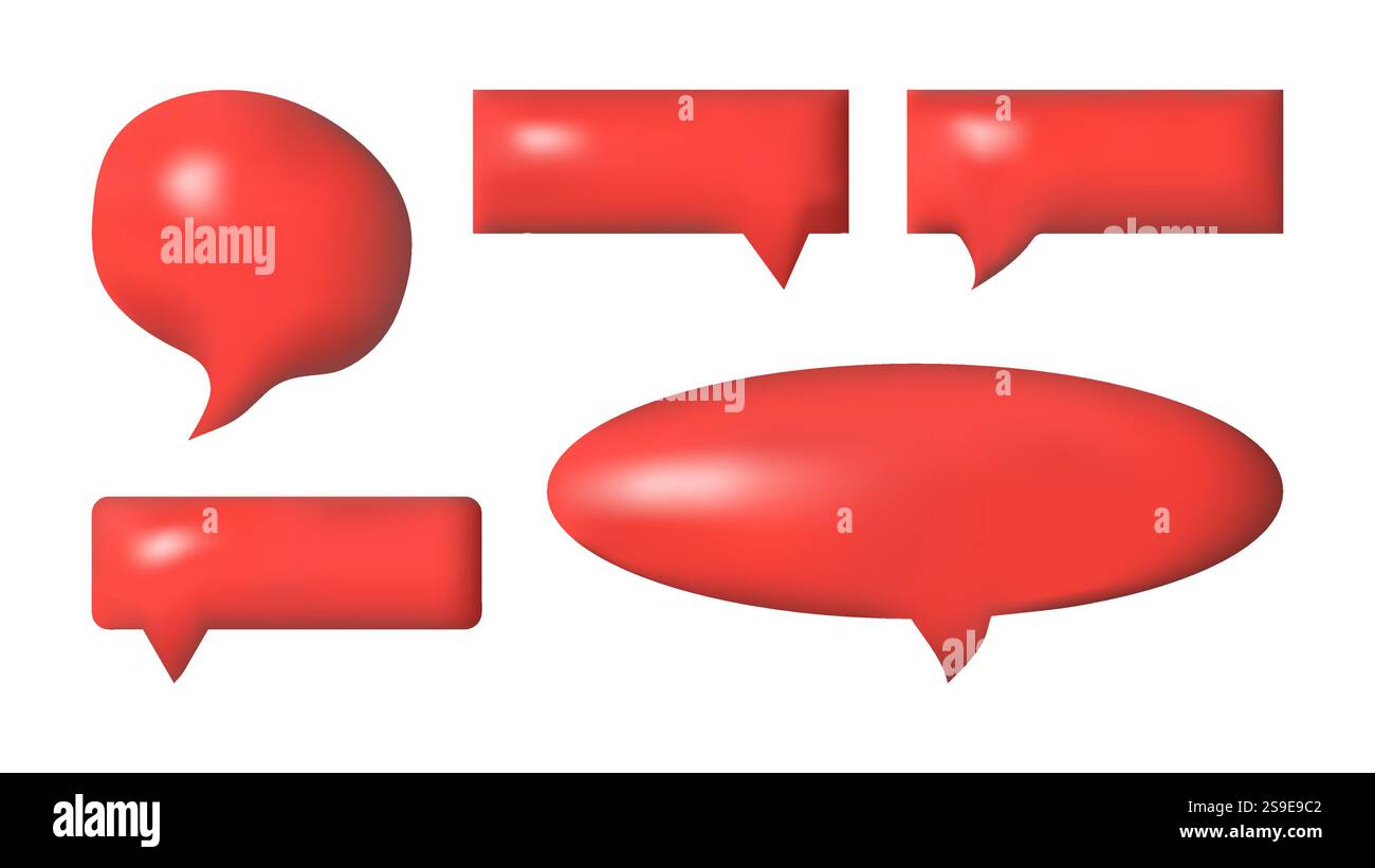 Il linguaggio 3D bolle l'icona del messaggio di forme diverse. Design realistico. Per poster pubblicitari sui social media. Set isolato vettoriale. Illustrazione Vettoriale