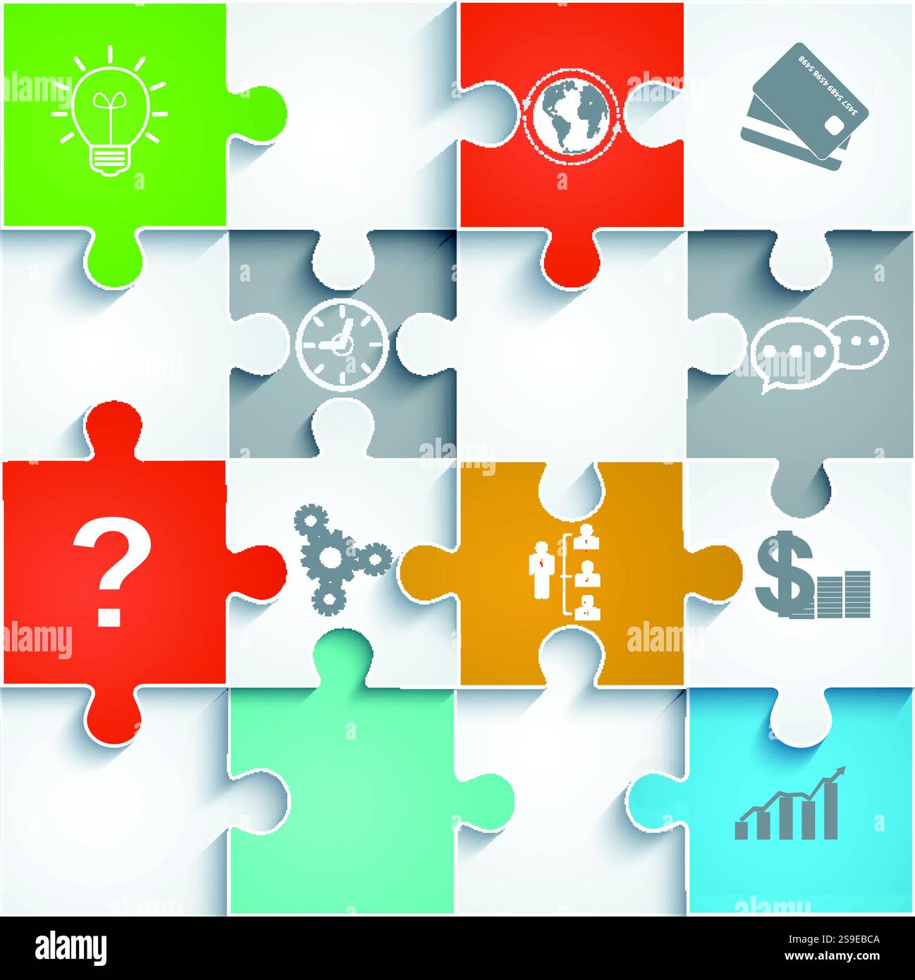 Parti di puzzle della carta con icone. Concetto aziendale, interfaccia modello, layout Illustrazione Vettoriale