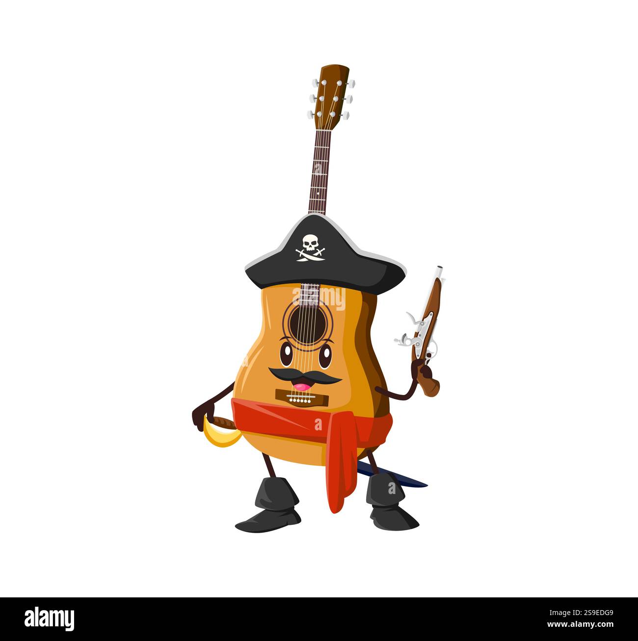 Cartoon chitarra strumento musicale personaggio pirata. Marinaio o capitano Corsair strumento musicale simpatico personaggio. Chitarra acustica con skipper filibuster Illustrazione Vettoriale