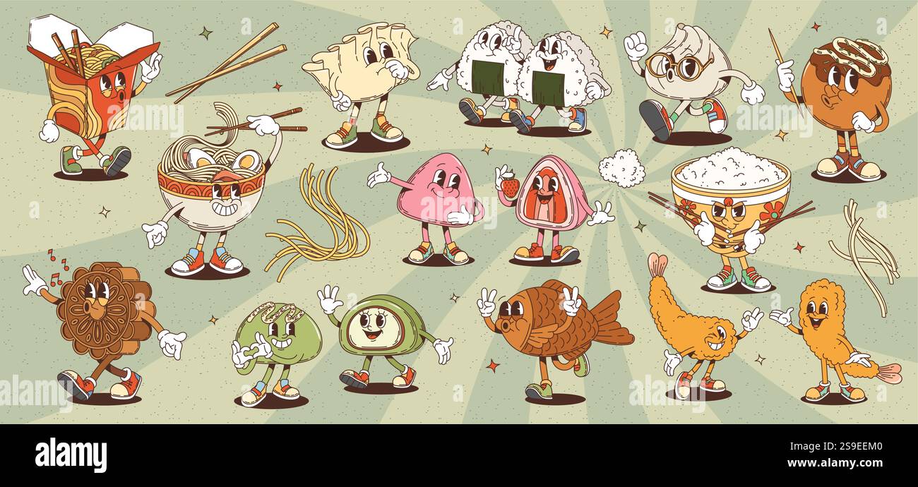 Piatti retrò della cucina giapponese, coreana e cinese asiatica e dessert. Sushi Vector onigiri, ciotola di riso, spaghetti fritti e zuppa di ramen per Illustrazione Vettoriale