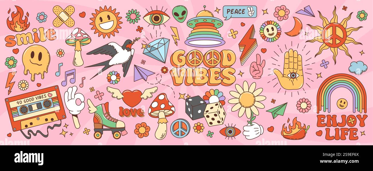 Set di vettori di simboli cartoon retro Groy. Faccia fumante, funghi amanita e sole, ingoiare uccelli o cerotti. Nastro, ufo e alieni, pattino a rotelle, diamante A. Illustrazione Vettoriale
