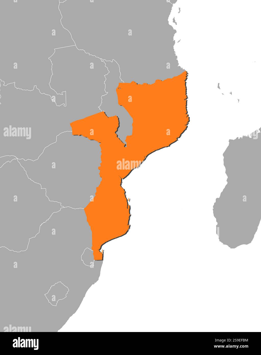 Mappa del Mozambico e dei paesi vicini, il Mozambico è evidenziato in arancione. Illustrazione Vettoriale
