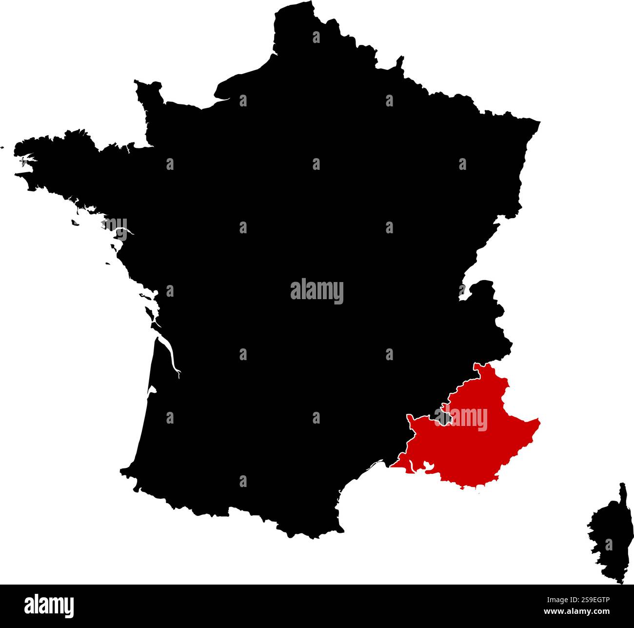 Mappa della Francia in nero, Provence-Alpes-Côte d'Azur è evidenziata in rosso. Illustrazione Vettoriale