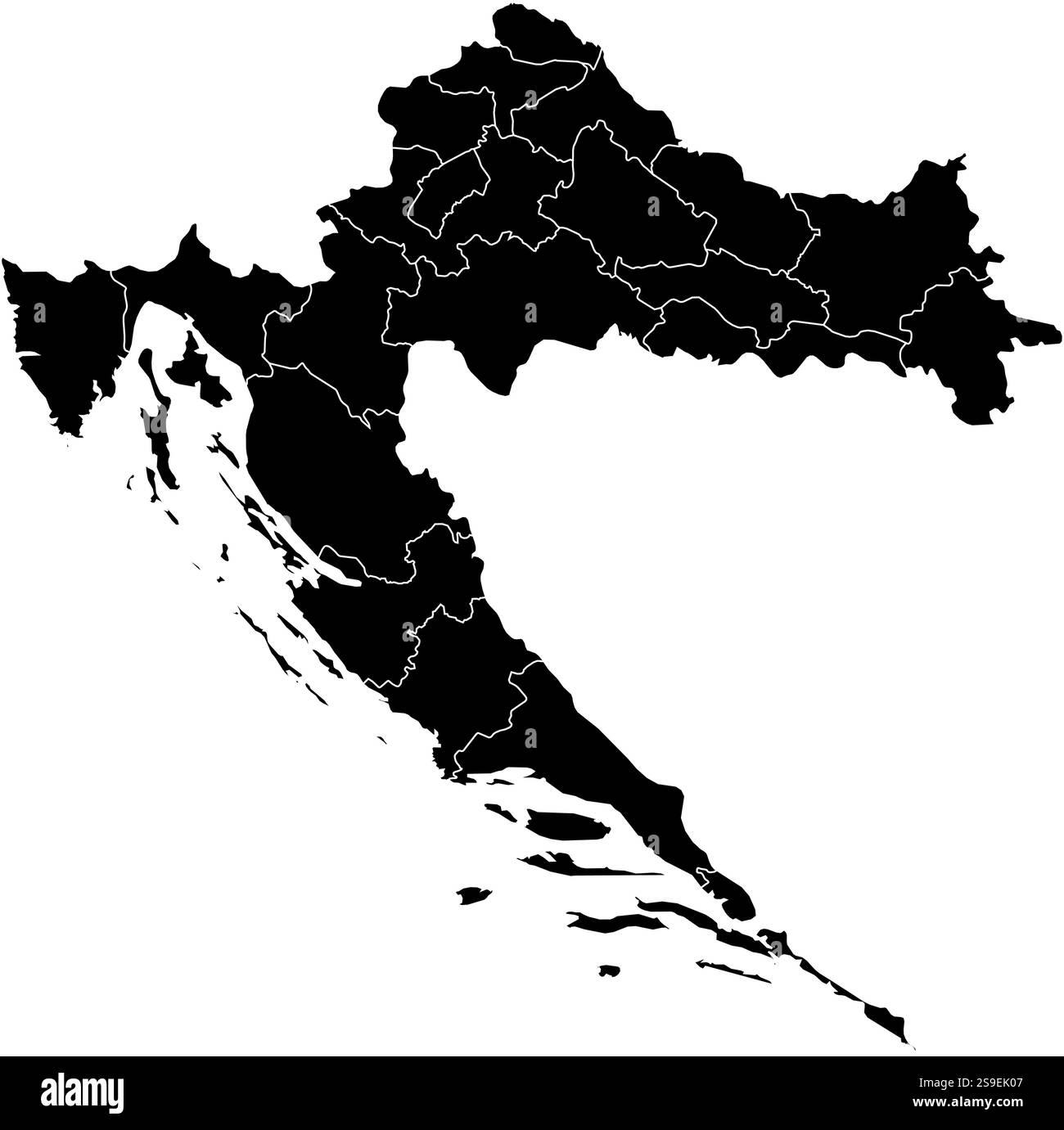 Mappa della Croazia in nero con le province. Illustrazione Vettoriale