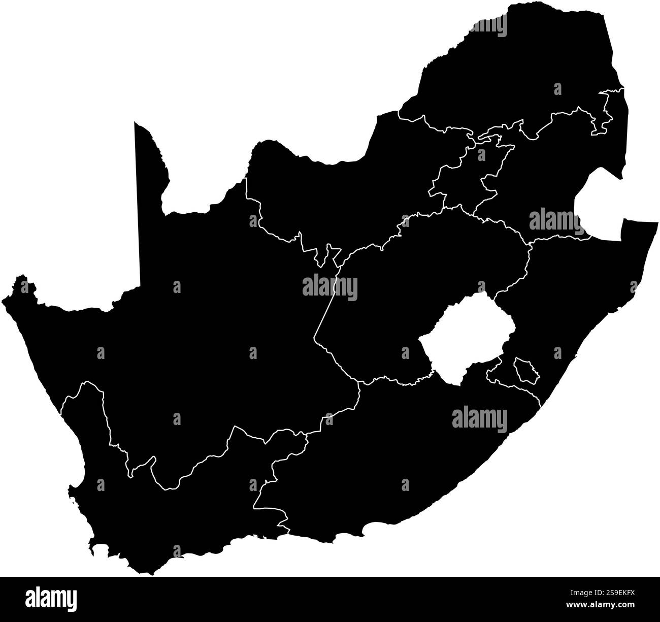 Mappa del Sud Africa in nero con le province. Illustrazione Vettoriale